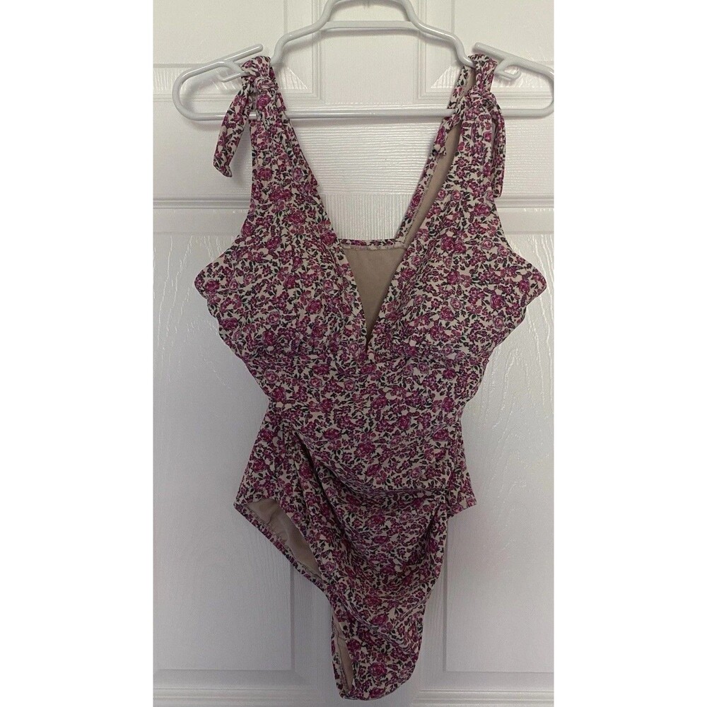 Kona Sol Pink Floral Deep V One Piece Tie Swim Suit Large